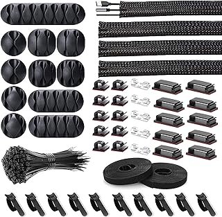 [152 Pcs] Cord Management Organizer Kit, 4 Split Cable Sleeve, 36 Self Adhesive Cable Clips Holder 10 Pcs, 2 Rolls of Self...