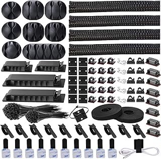 DRIVUU 311Pcs Cable Management Organizer Kit 4 Cable Sleeve split,53Cable Clips 12Cord Clips Holder,22 Cable Ties, 20 adhe...