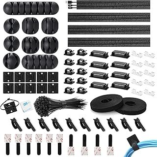 173 Pcs Cable Management Organizer Kit, Include 4 Cable Sleeve Split with 47 Self Adhesive Cable Clips Holder, 10 Cable Ti...